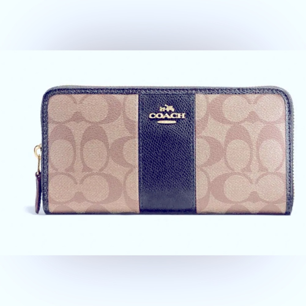 🔥NEW COACH Accordion Zip around Wallet In Signature Canvas. Black and Khaki